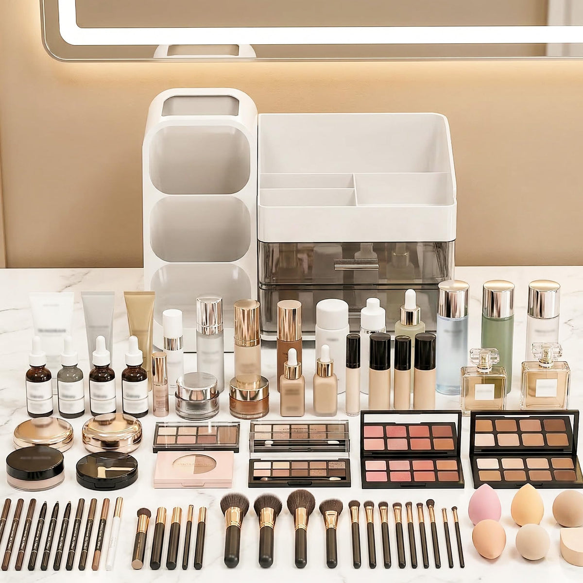 Asdbko Large Capacity Makeup Organizer side view showcasing tall bottle storage