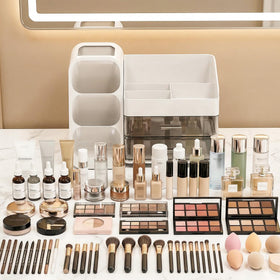 Asdbko Large Capacity Makeup Organizer side view showcasing tall bottle storage
