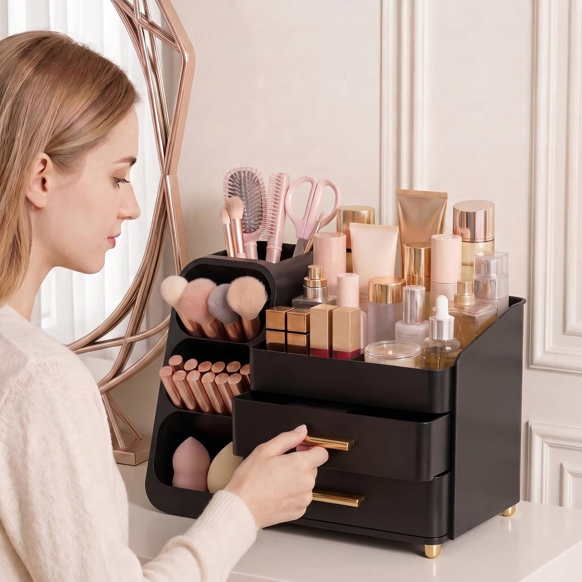 Asdbko Large Capacity Makeup Organizer side view with tall bottles