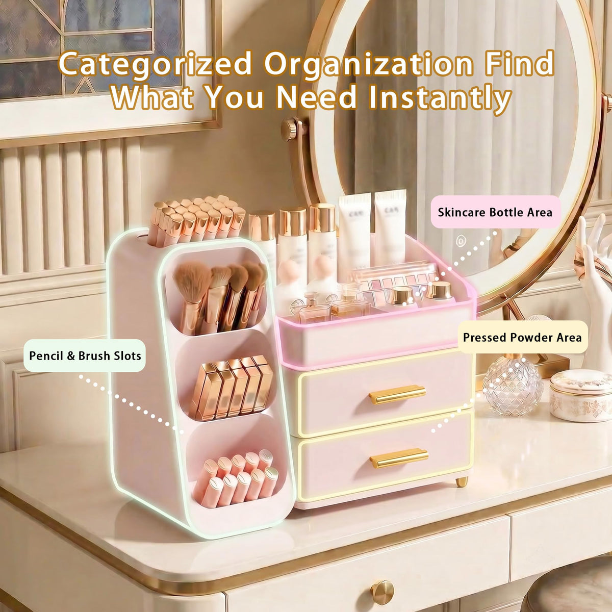 Asdbko Large Capacity Makeup Organizer with lipsticks and brushes