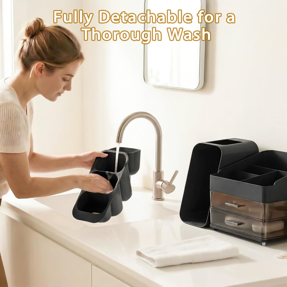 Asdbko makeup organizer in a bathroom setting