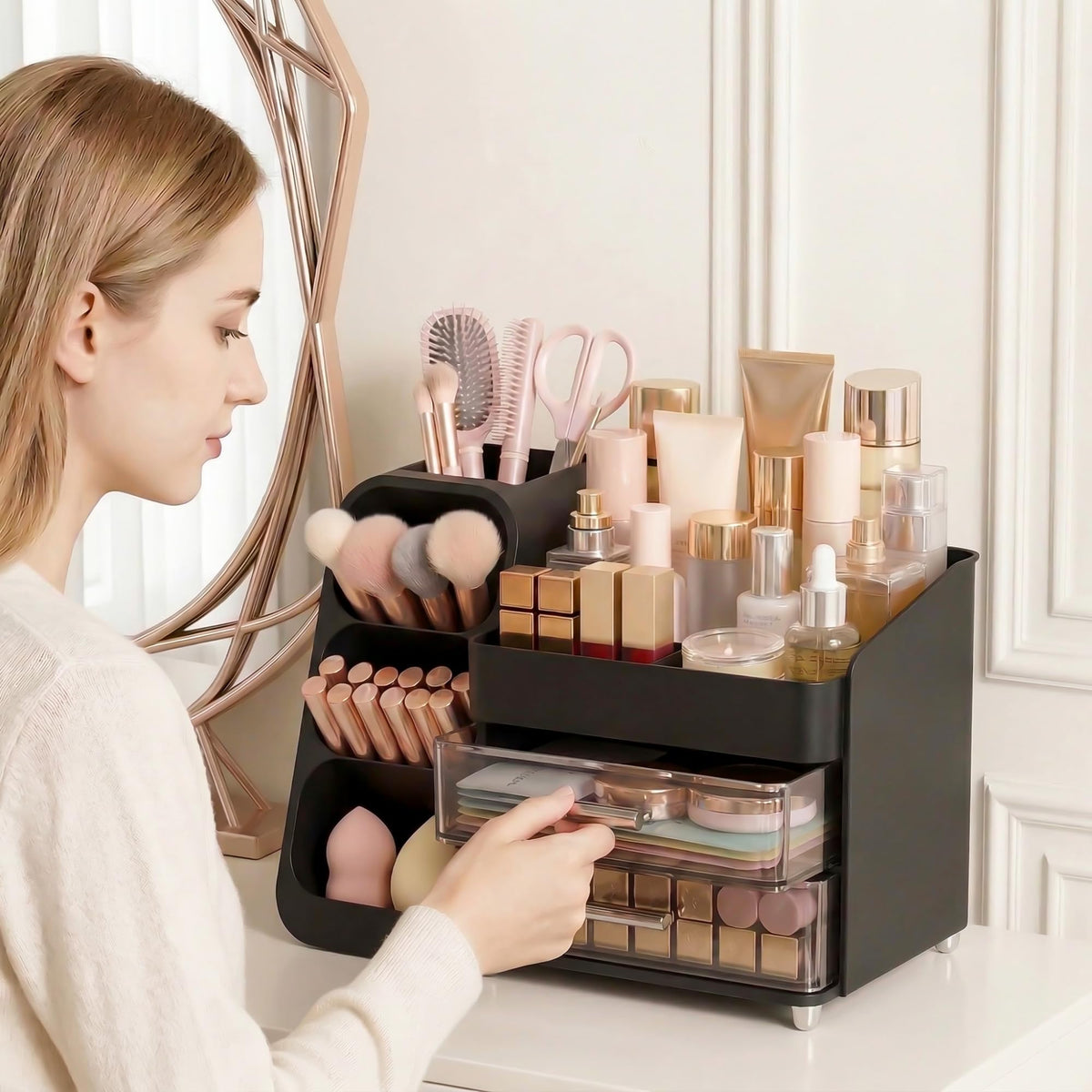 Asdbko makeup organizer with makeup brushes and skincare bottles