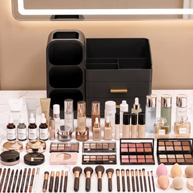 Asdbko organizer filled with makeup brushes and skincare products