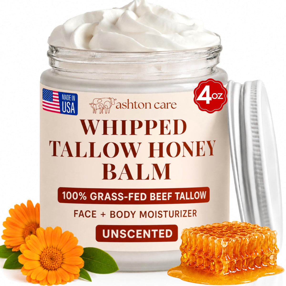 ASHTON CARE Whipped Beef Tallow and Honey Balm 4oz jar front view