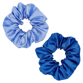 Assorted blue Sufermoe satin silk hair scrunchies on a white background