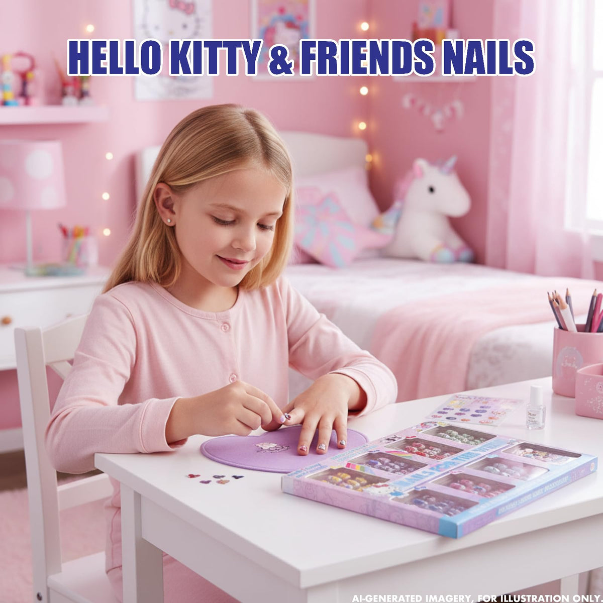 Assorted Hello Kitty designs in the press-on nails set