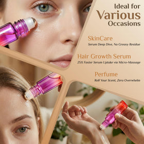 Assorted PrettyCare essential oil roller bottles on a wooden surface