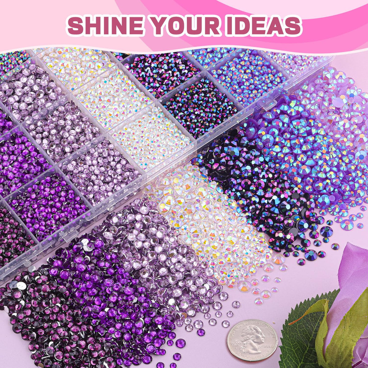 Assorted rhinestones in a box ready for crafting