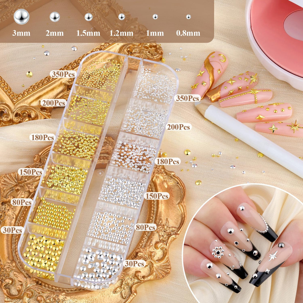 Assorted silver and gold caviar beads in BELLEBOOST nail kit