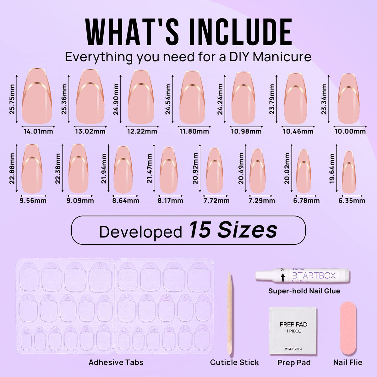 Assorted sizes of BTArtbox Press On Nails displayed