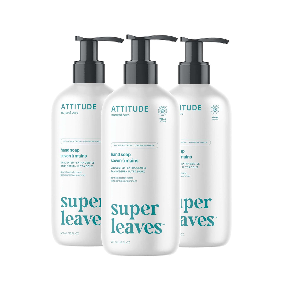 ATTITUDE Liquid Hand Soap unscented pack of 3 bottles front view