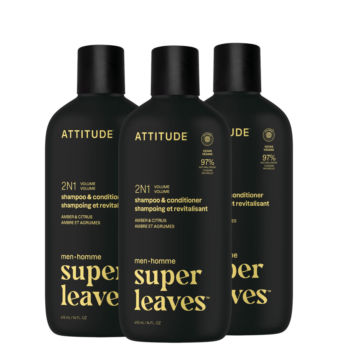 ATTITUDE Men's 2-in-1 Shampoo and Conditioner front view, amber and citrus scent