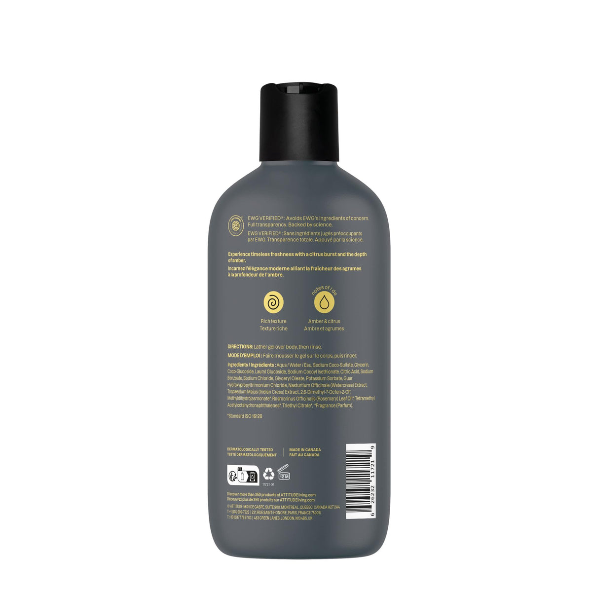 ATTITUDE Men's Amber & Citrus Shower Gel beside grooming products