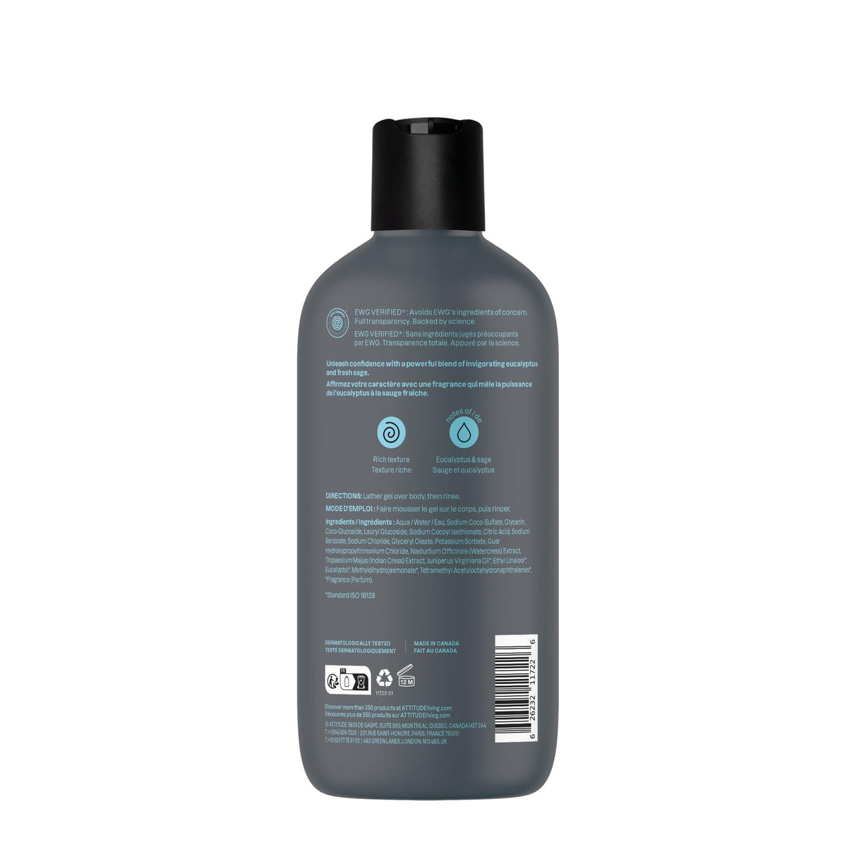 ATTITUDE Men's Eucalyptus & Sage Shower Gel surrounded by eucalyptus leaves