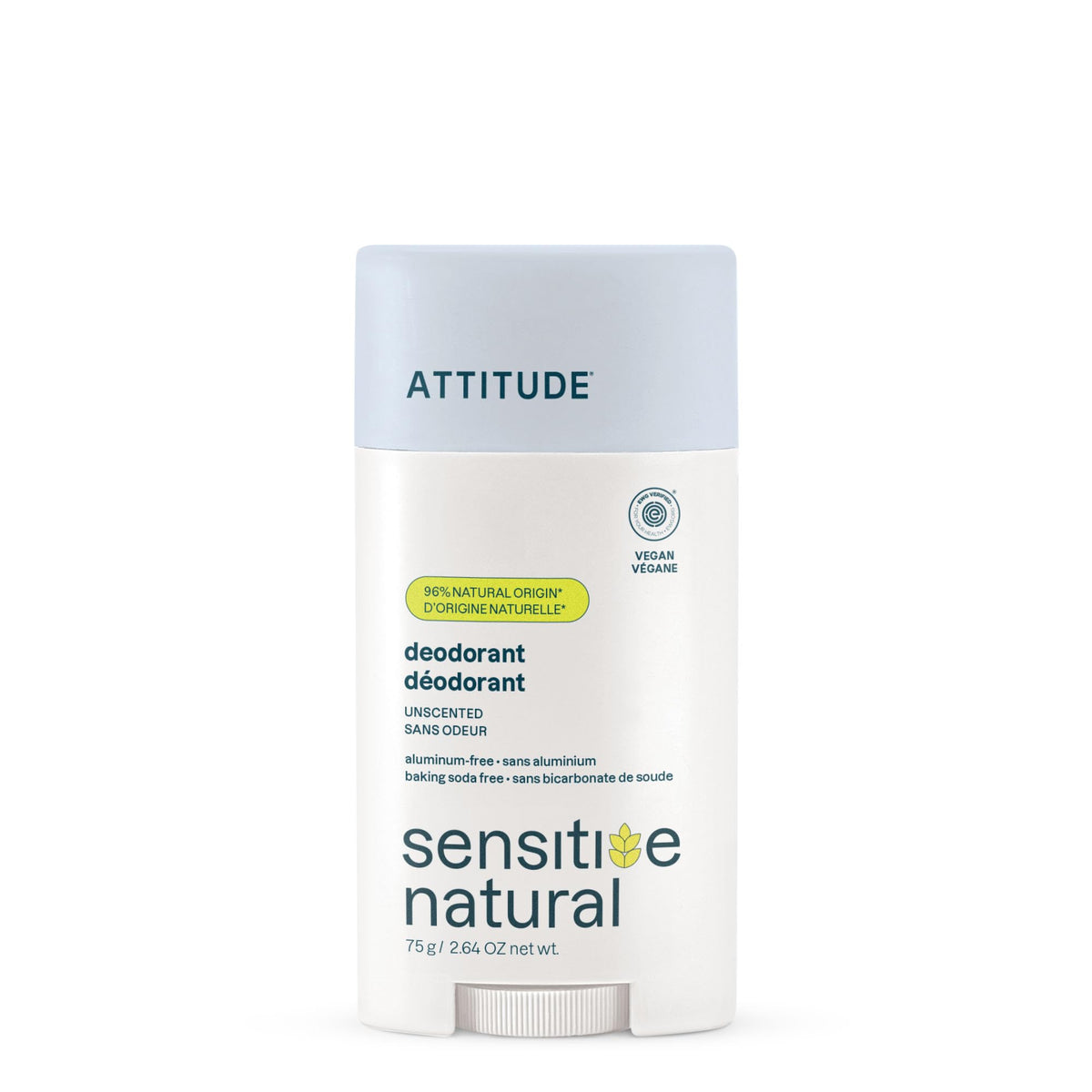 ATTITUDE Sensitive Deodorant for Sensitive Skin, Unscented, 95g front view