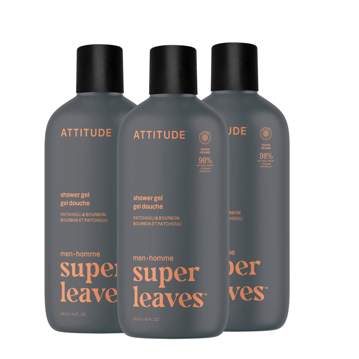 ATTITUDE Shower Gel Body Wash for Men, 14 fl oz, Patchouli & Bourbon scent