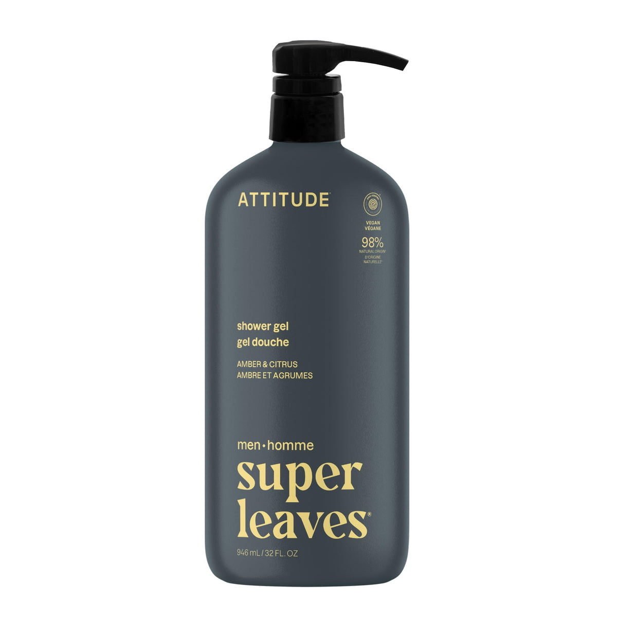 ATTITUDE Shower Gel Body Wash for Men, amber and citrus scent front view