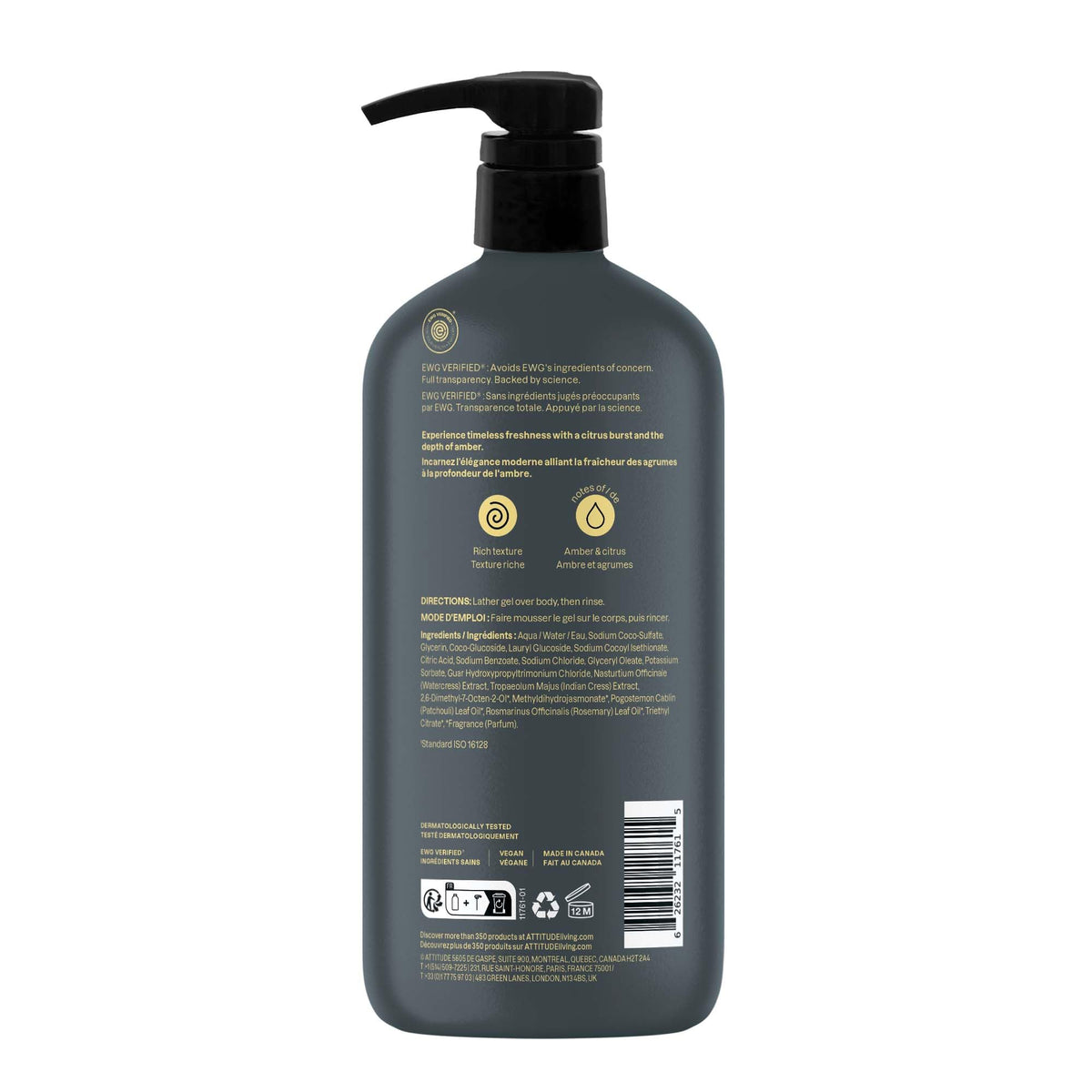 ATTITUDE Shower Gel Body Wash for Men, close-up of amber and citrus scent