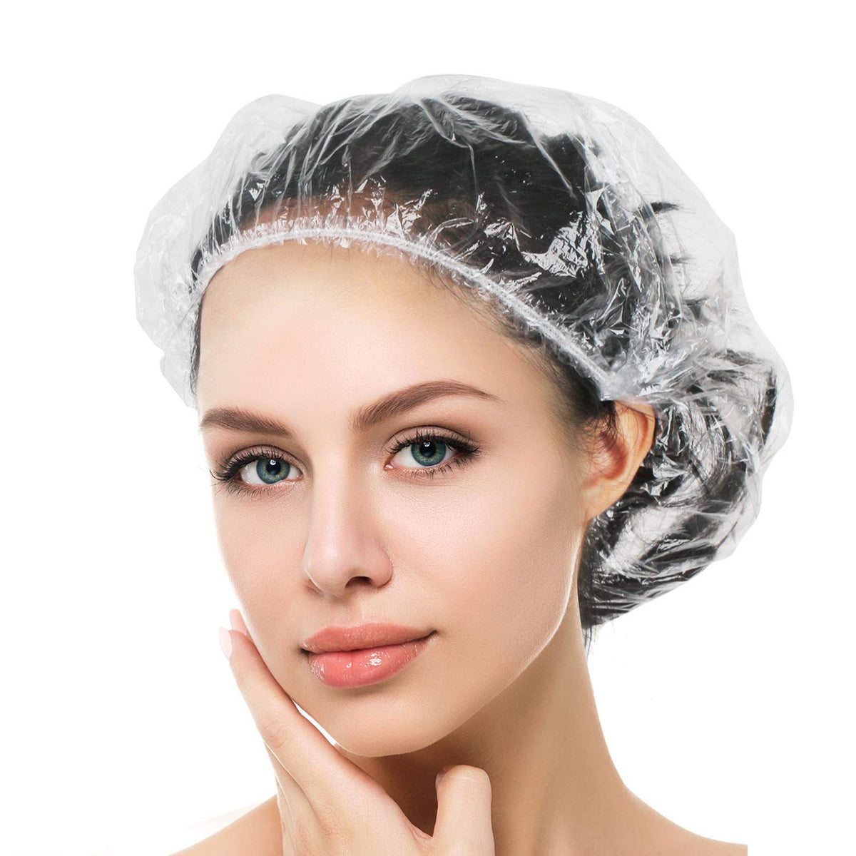 Auban Disposable Shower Cap 100 PCS clear plastic pack front view