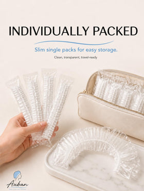 Auban disposable shower cap stretched to 20.5 inches, showcasing its size