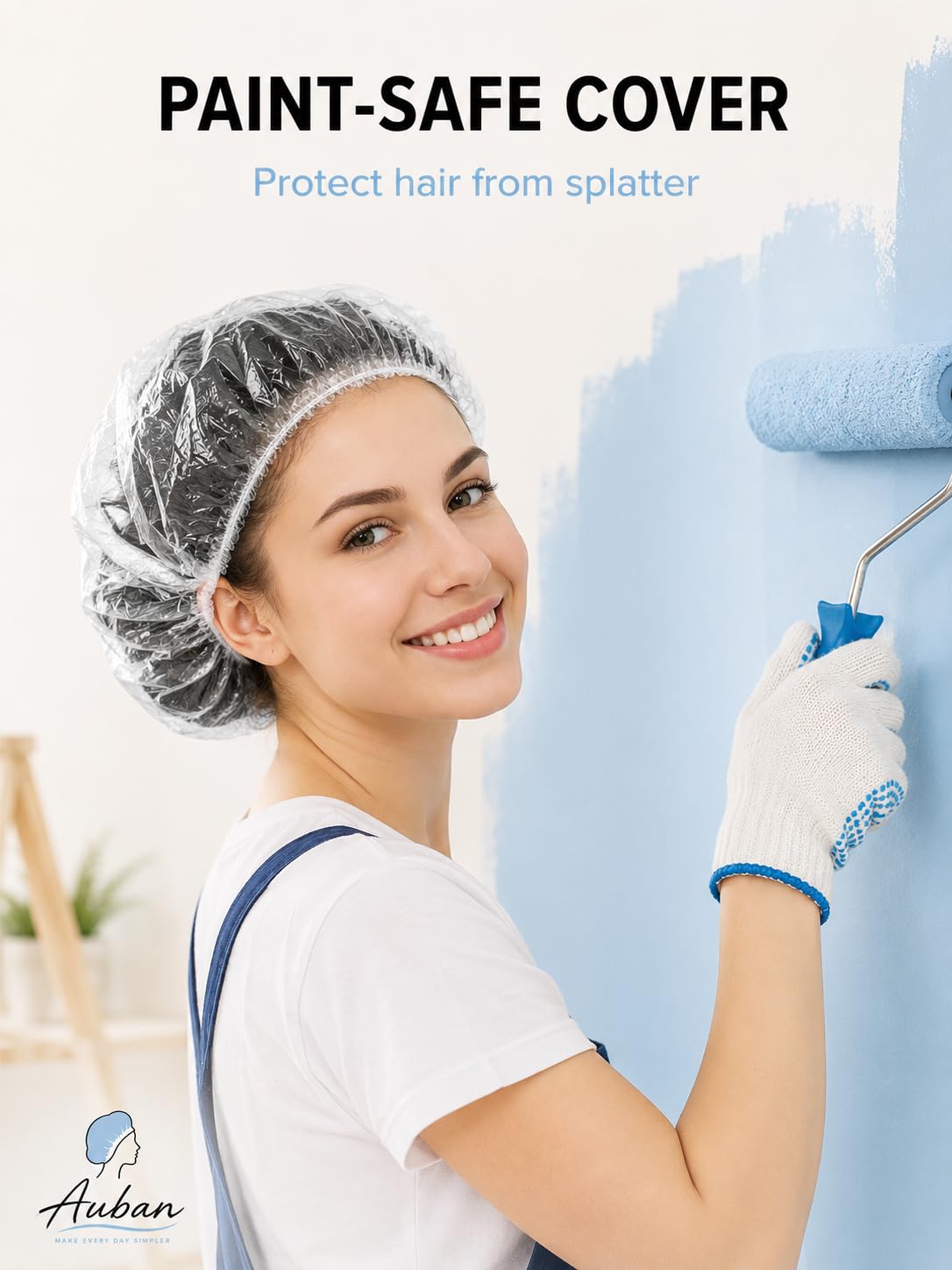 Auban shower cap displayed with hair products