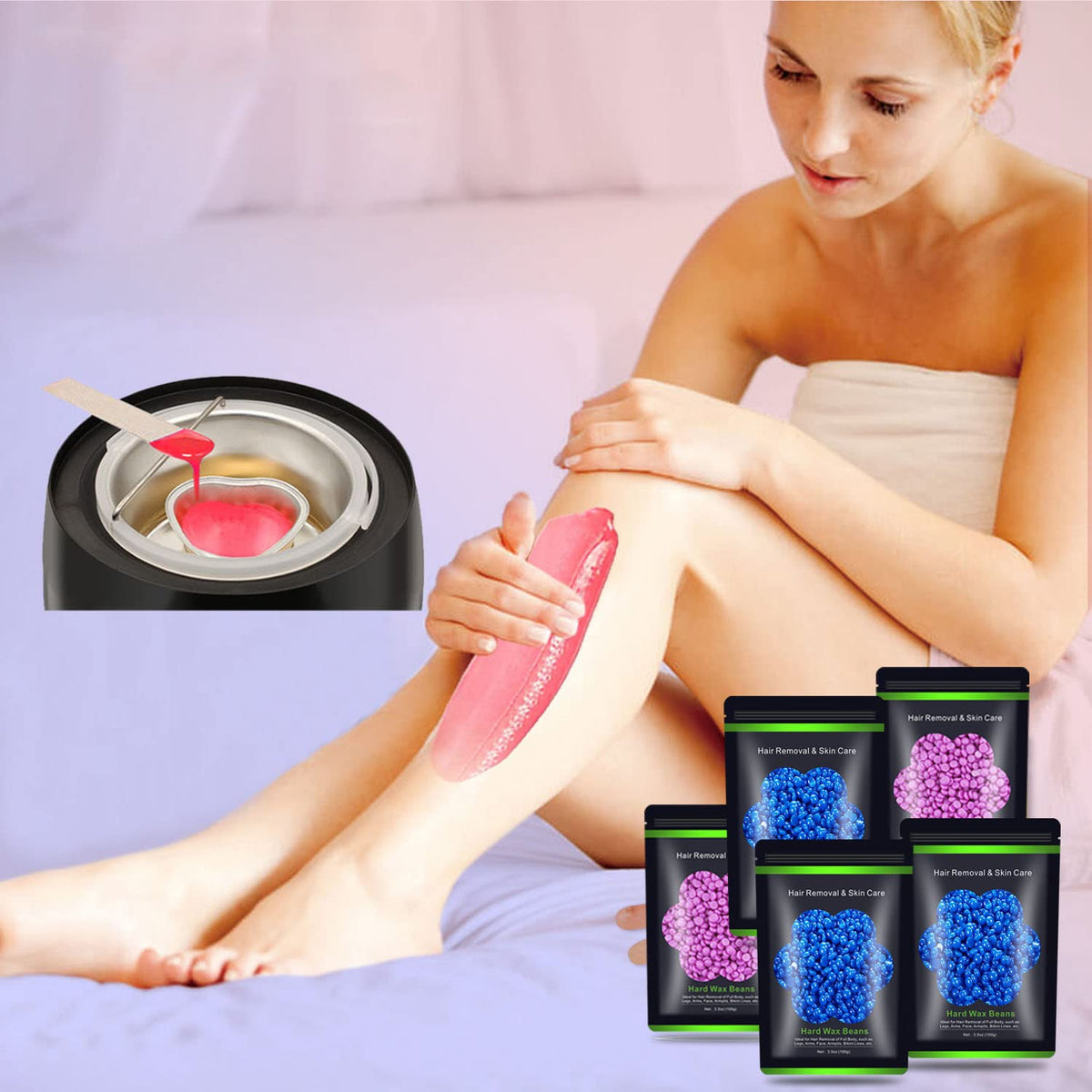 Auperwel wax beads applied on skin for hair removal