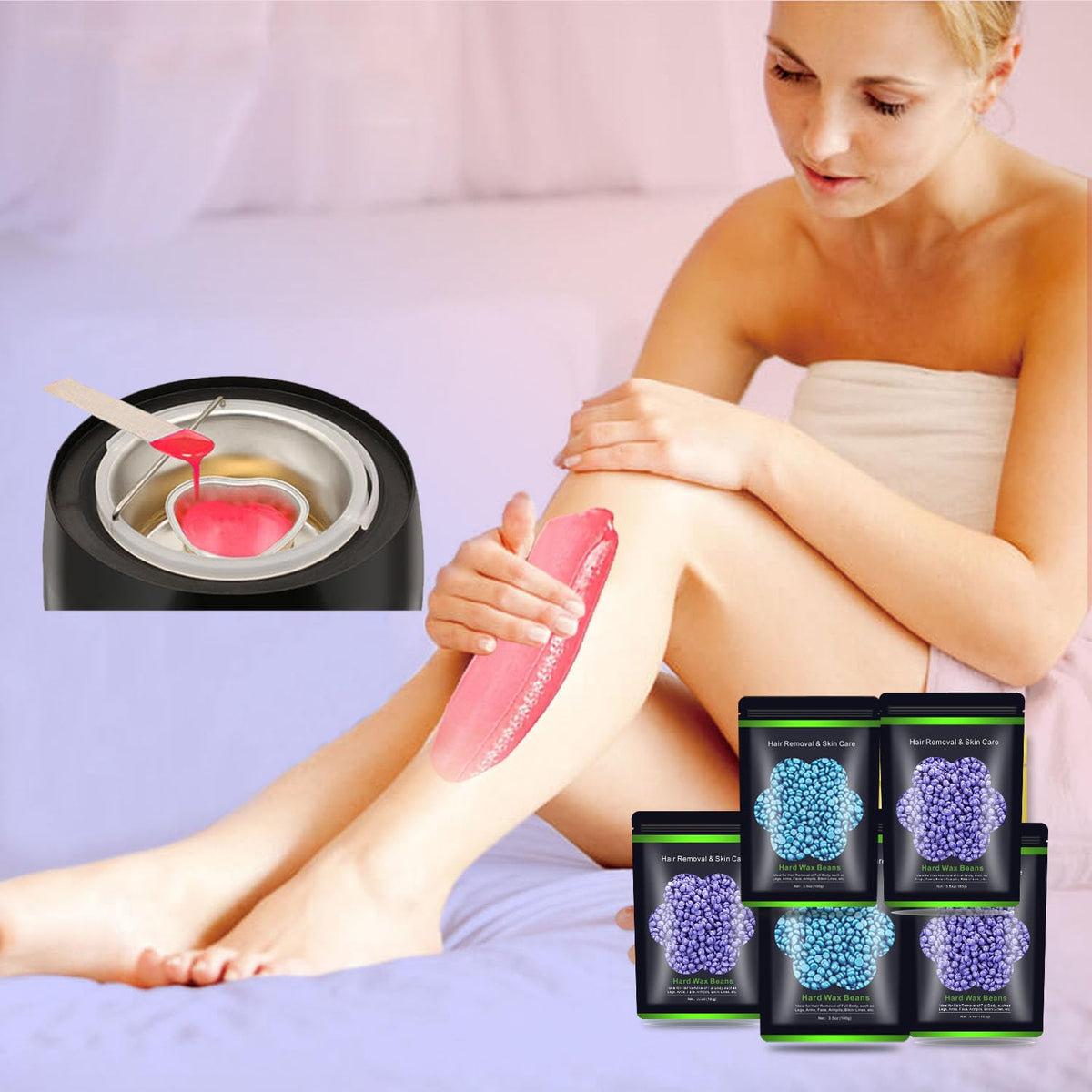 Auperwel wax beads for hair removal displayed with ingredients