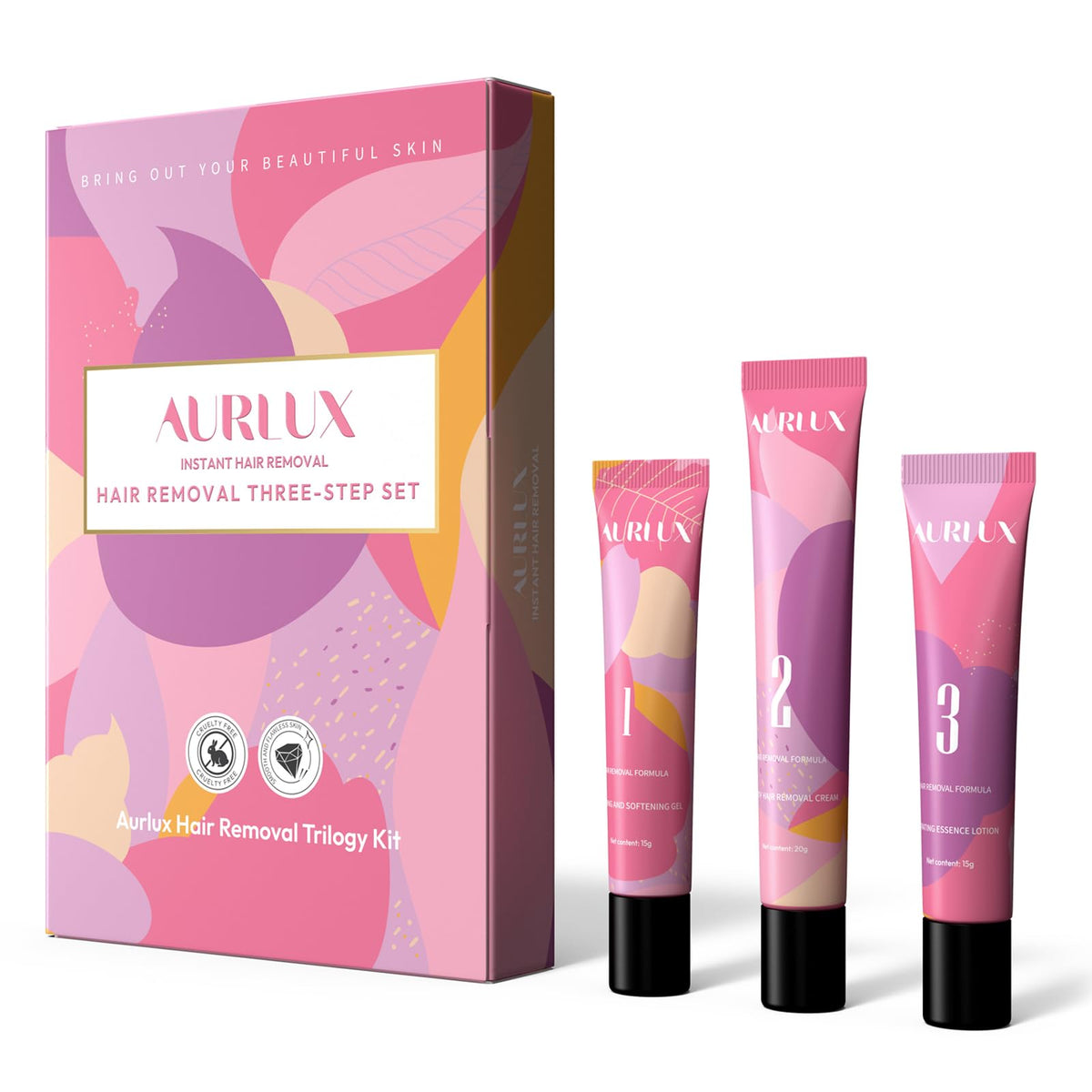 Aurlux Hair Remover Cream Trilogy Kit front view with softening gel, cream, and soothing lotion