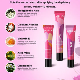 Aurlux Hair Remover Cream tube with soothing lotion beside it