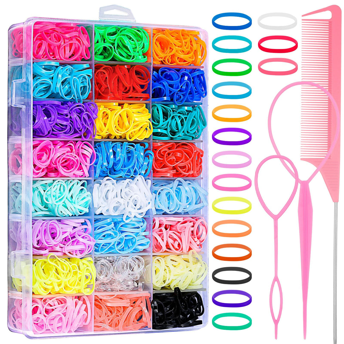 auroray 2000 Pcs Elastic Hair Rubber Bands assorted colours in organizer box