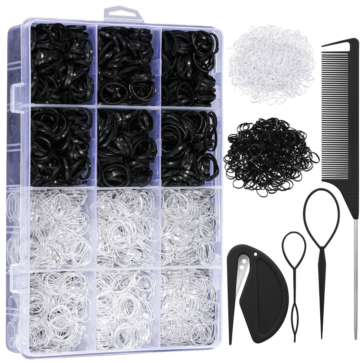 auroray 2200 Pcs Elastic Hair Bands clear and black in organizer box