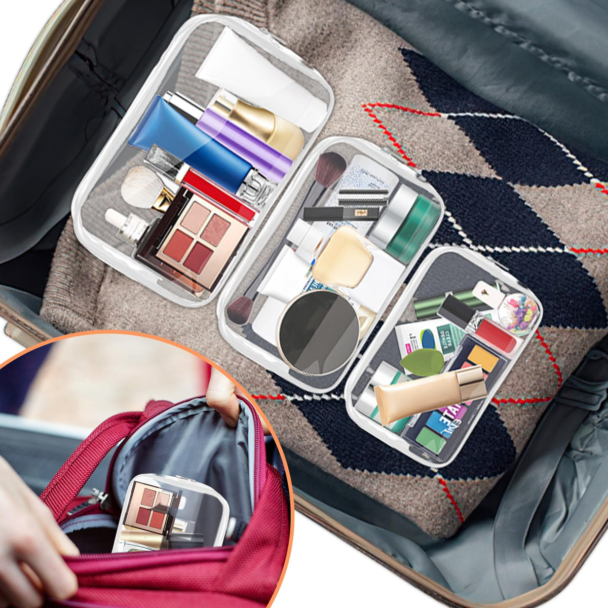AURUZA Clear Makeup Bag on a travel suitcase