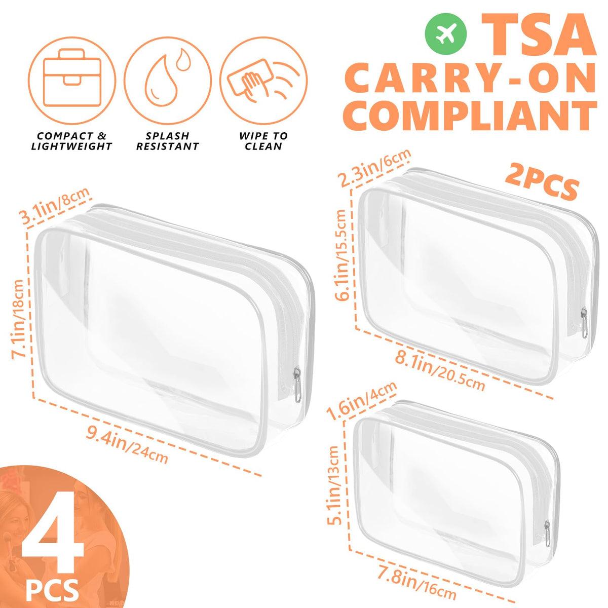 AURUZA Clear Makeup Bag showing three sizes