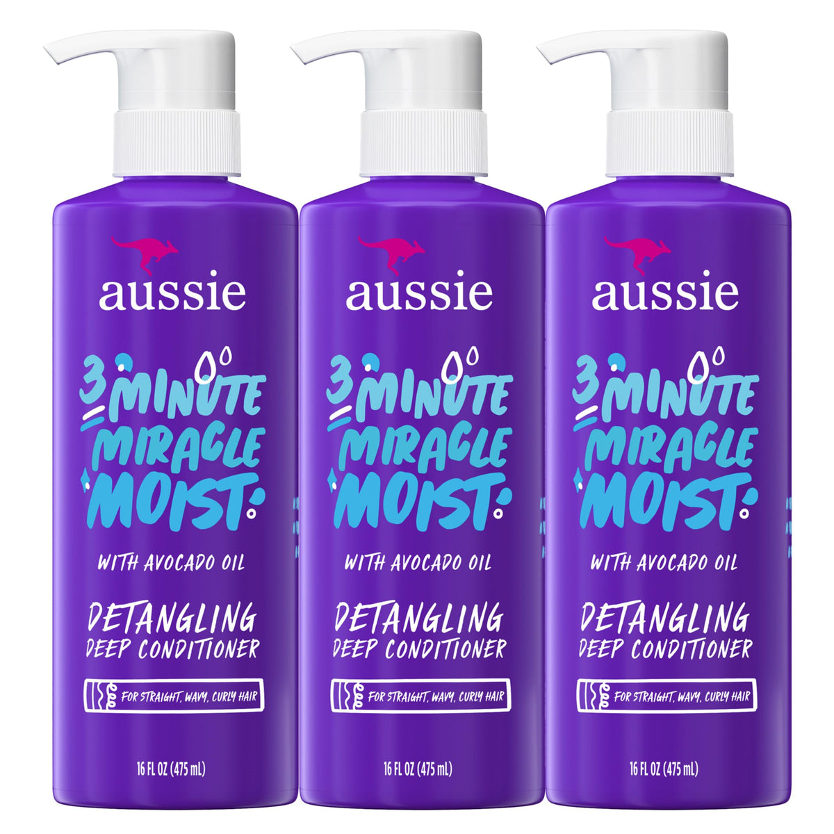 Aussie 3 Minute Miracle Moist Deep Conditioner pack of three 16 fl oz bottles