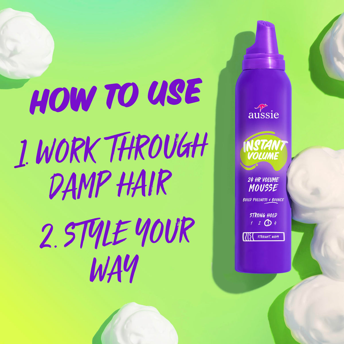 Aussie Instant Volume Mousse styled hair showcasing volume and bounce