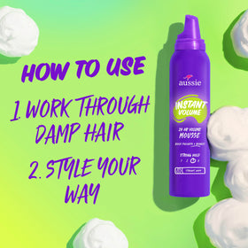 Aussie Instant Volume Mousse styled hair showcasing volume and bounce