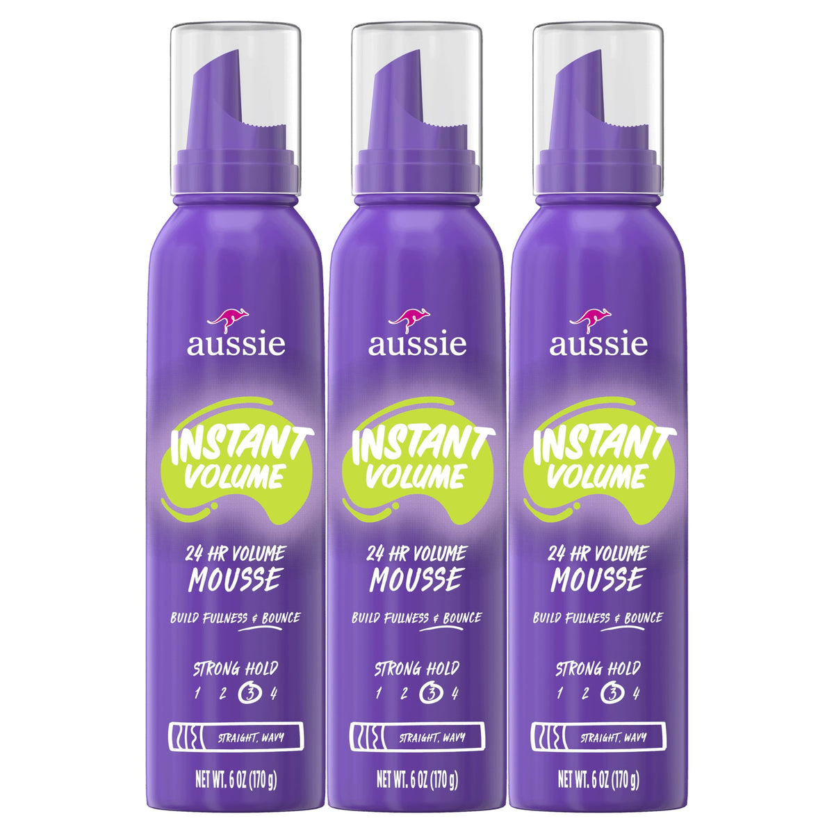 Aussie Instant Volume Mousse triple pack featuring three 6oz cans