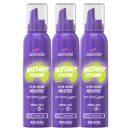Aussie Instant Volume Mousse triple pack featuring three 6oz cans