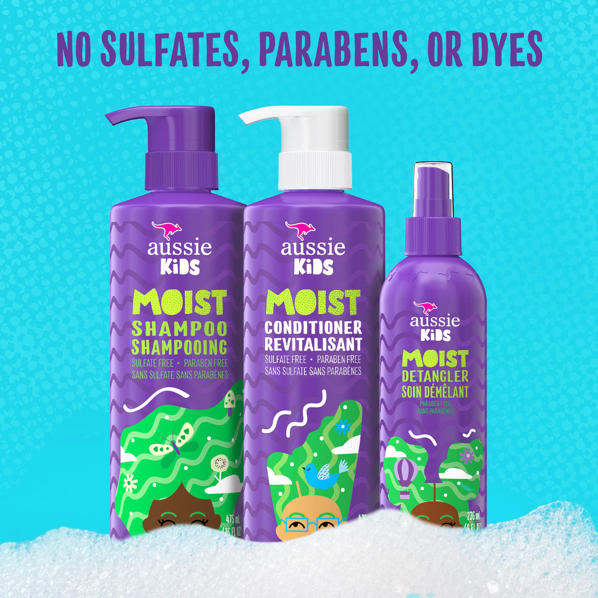Aussie Kids hair care products with tropical background