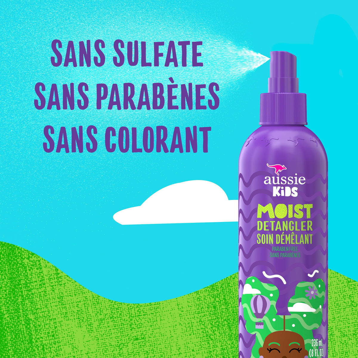 Aussie Kids Moist Detangler Spray in a bathroom setting
