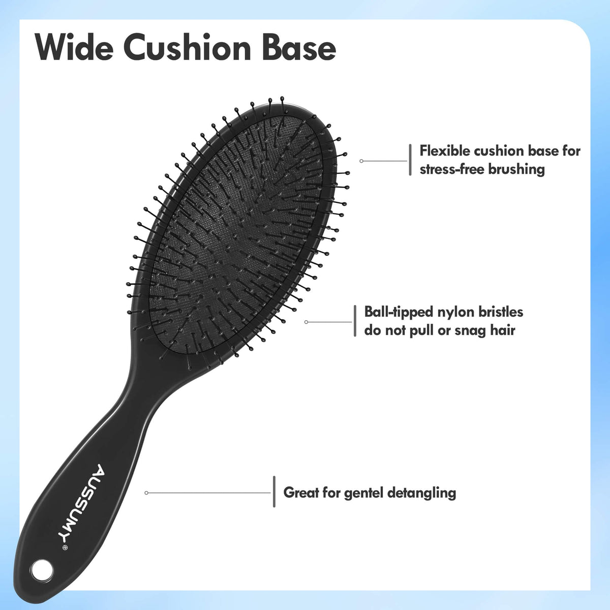 Aussumy Detangling Hair Brush side view showing flexible bristles