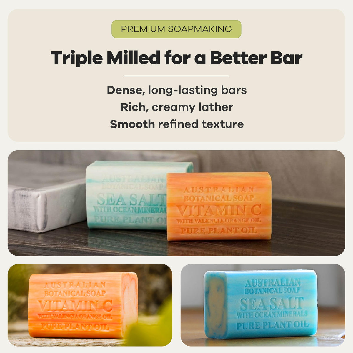 Australian Botanical Soap bar showing texture and colour