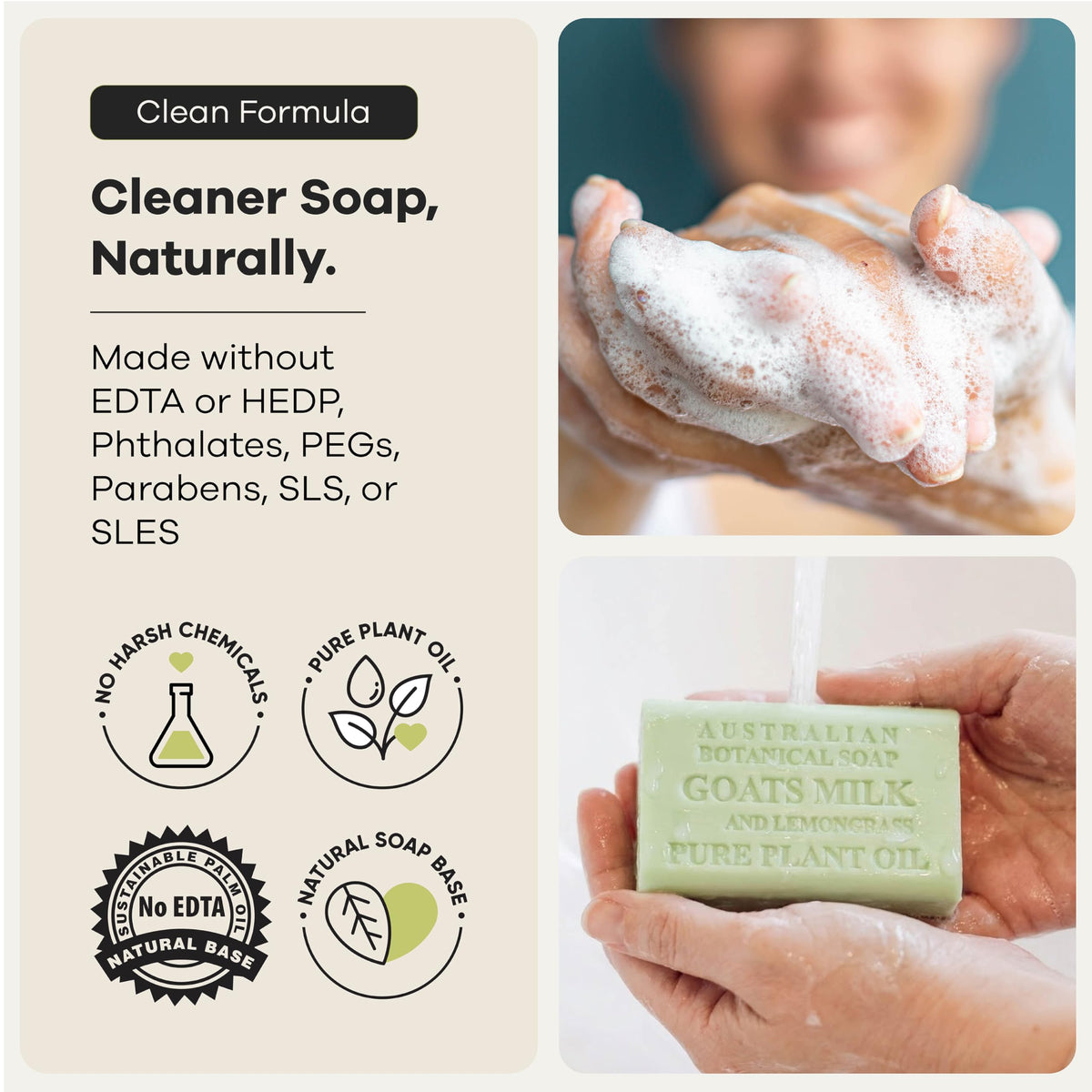 Australian Botanical Soap Goat Milk Soap with Lemongrass bar on a dish