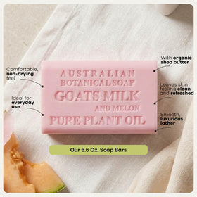 Australian Botanical Soap Goat Milk Soap with Melon on a soap dish