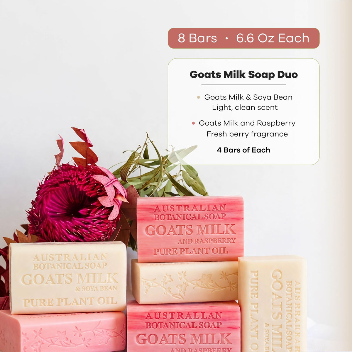 Australian Botanical Soap Raspberry Goat Milk Soap Bars displayed on a wooden surface