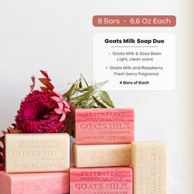 Australian Botanical Soap Raspberry Goat Milk Soap Bars displayed on a wooden surface