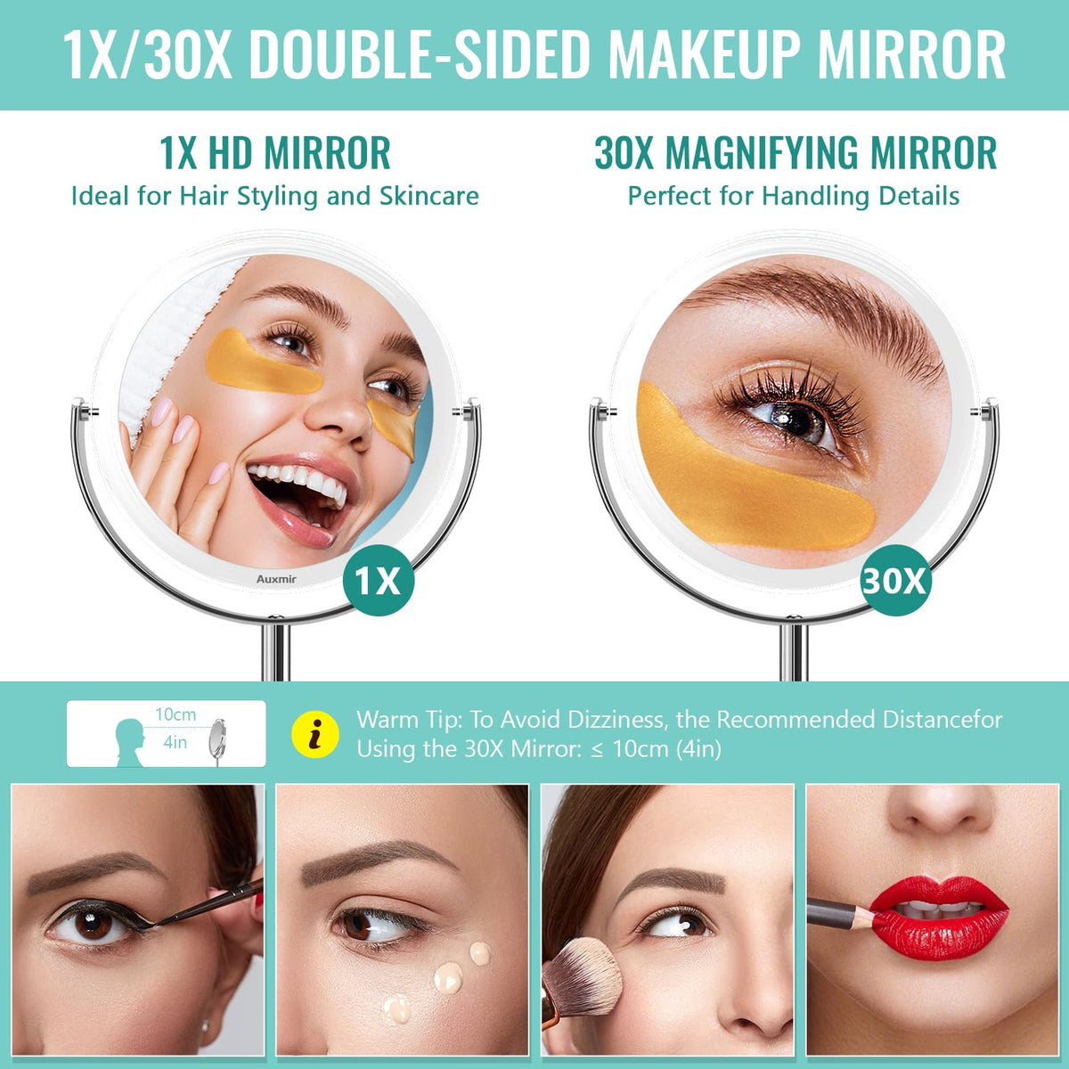 Auxmir 1X/30X Double-Sided Makeup Mirror showing 30X magnification