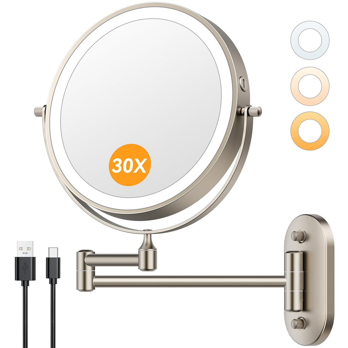 Auxmir 1X/30X Wall Mounted Makeup Mirror front view with LED lights