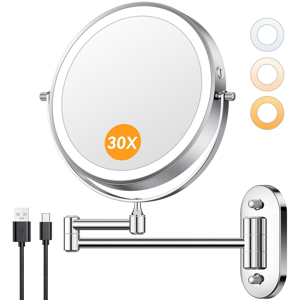 Auxmir 1X/30X Wall Mounted Makeup Mirror front view with LED lights