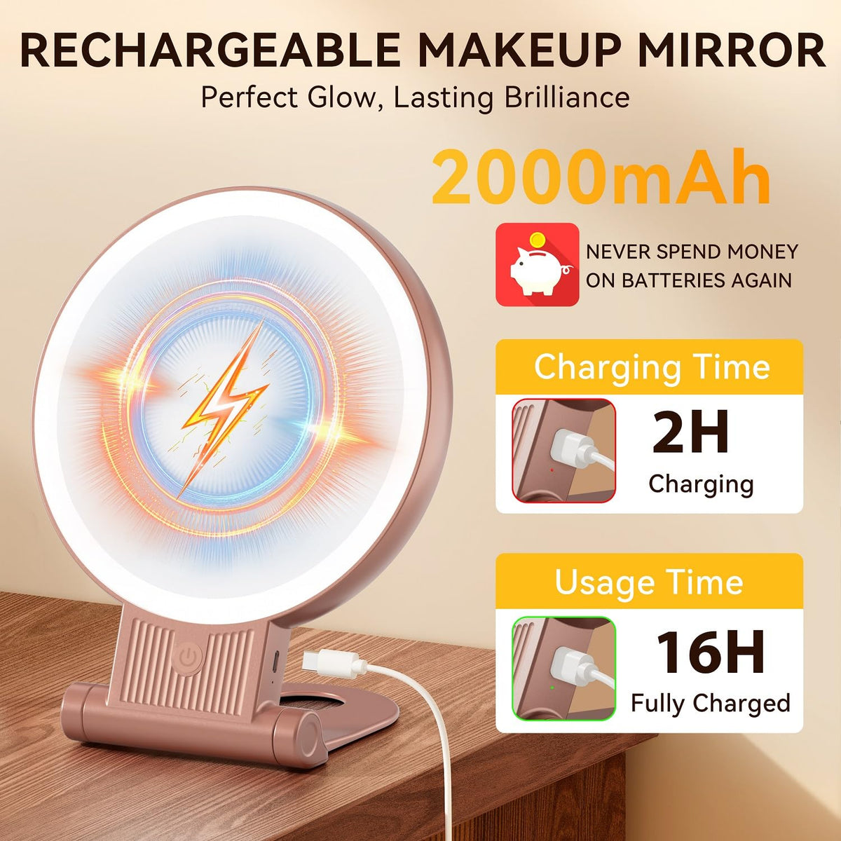 Auxmir mirror displayed on a vanity with makeup products